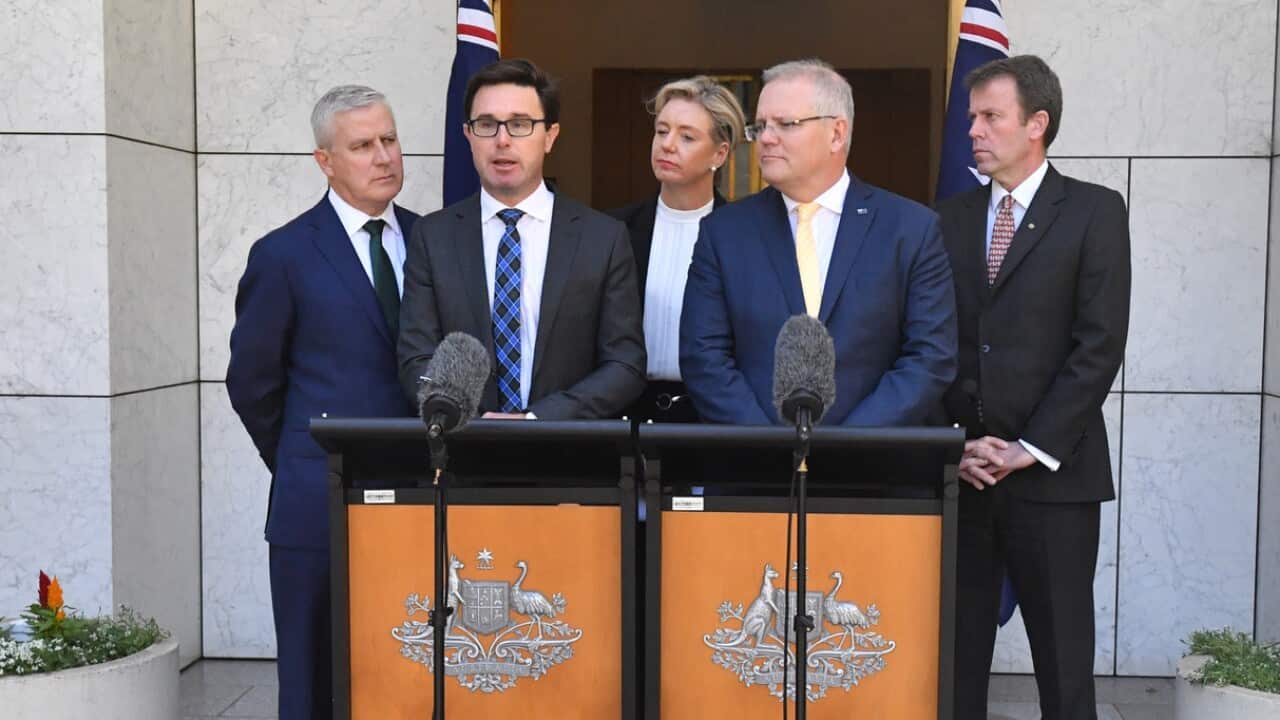 Deputy Prime Minister McCormack, Minister for Water Resources Littleproud, Minister for Agriculture McKenzie, PM Scott Morrison and Minister for Education Tehan