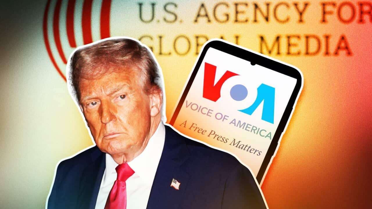 Donald Trump with a serious expression, a VOA (Voice of America) logo on a tablet, and a U.S. Agency for Global Media background.