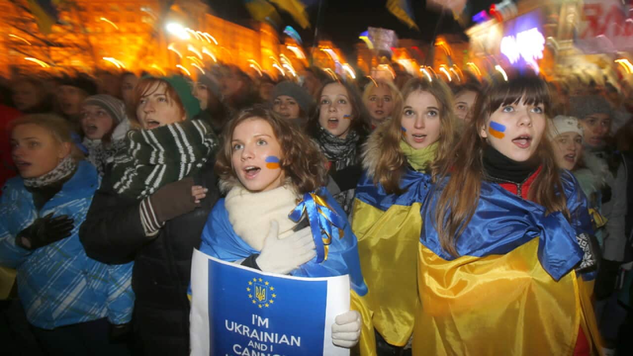 Ukrainian people during a demonstration in the centre of Kiev