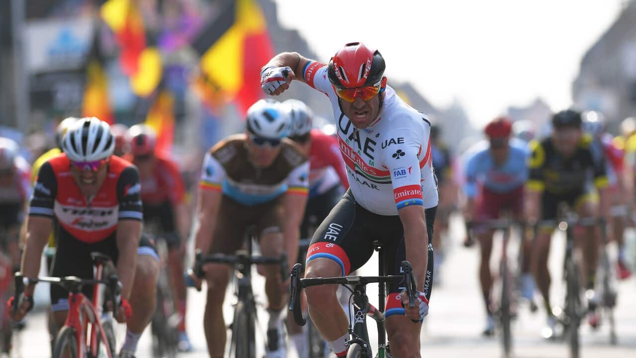 Alexander Kristoff (UAE) celebrates his spectacular victory at the 2019 Gent-Wevelgem (Getty)