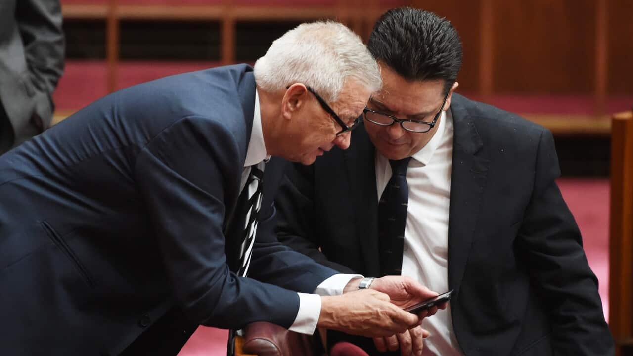 File: Labor Senator Doug Cameron and Senator Nick Xenophon after the Backpacker Tax Bill vote in the Senate in November 2016.