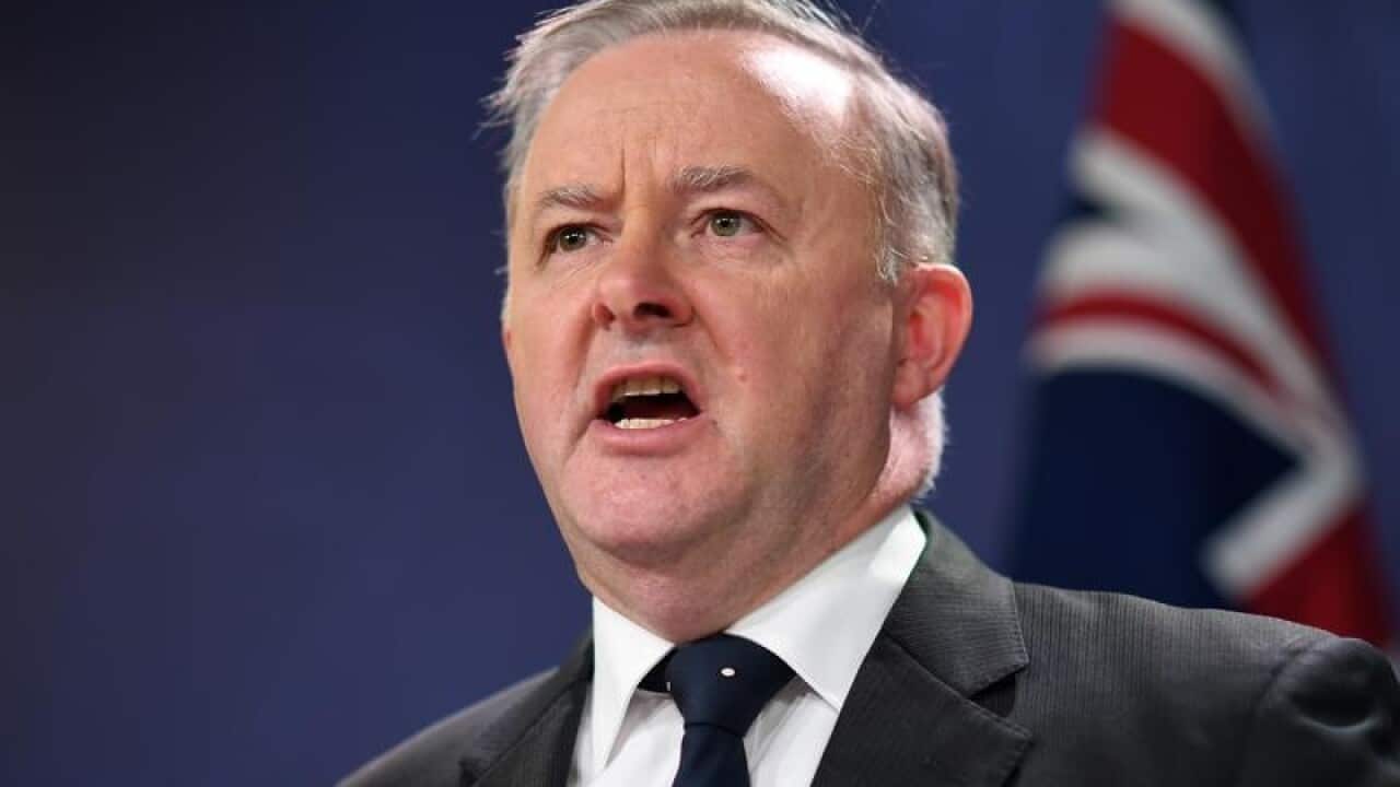 Australian Opposition Leader Anthony Albanese speaks to the media