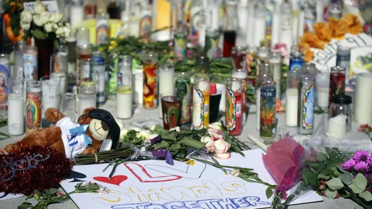 Flowers and candles at a makeshift memorial in Las Vegas