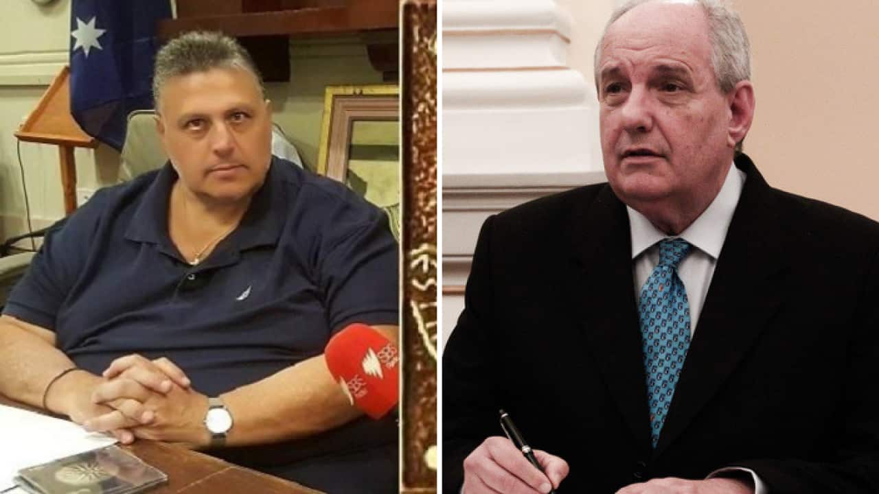 Greek Deputy Foreign Affairs Minister Terence Quick (R), and the Coordinator of the Pan Macedonian of Australia Federation's Executive Board Peter Jasonides.