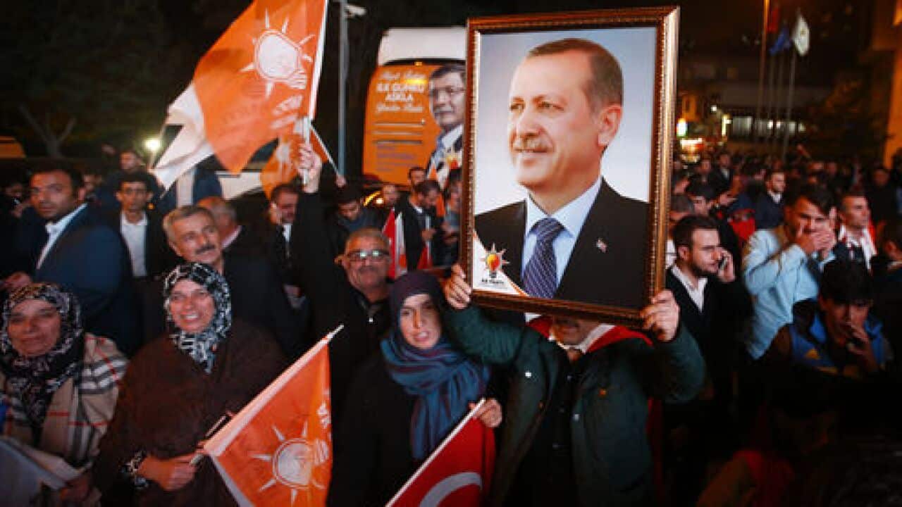 AKP supporters cheer Turkey's president, Recip Tayyip Erdogan.