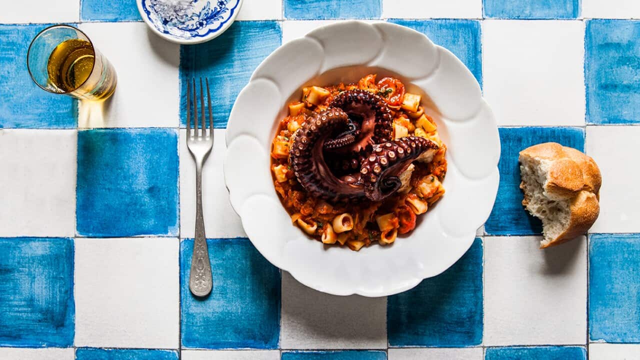 Twice-cooked octopus with macaroni kofto