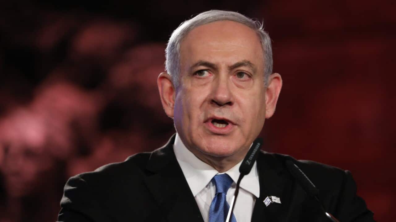 Israeli Prime Minister Benjamin Netanyahu speaks during the Fifth World Holocaust Forum at the Yad Vashem Holocaust memorial museum in Jerusalem