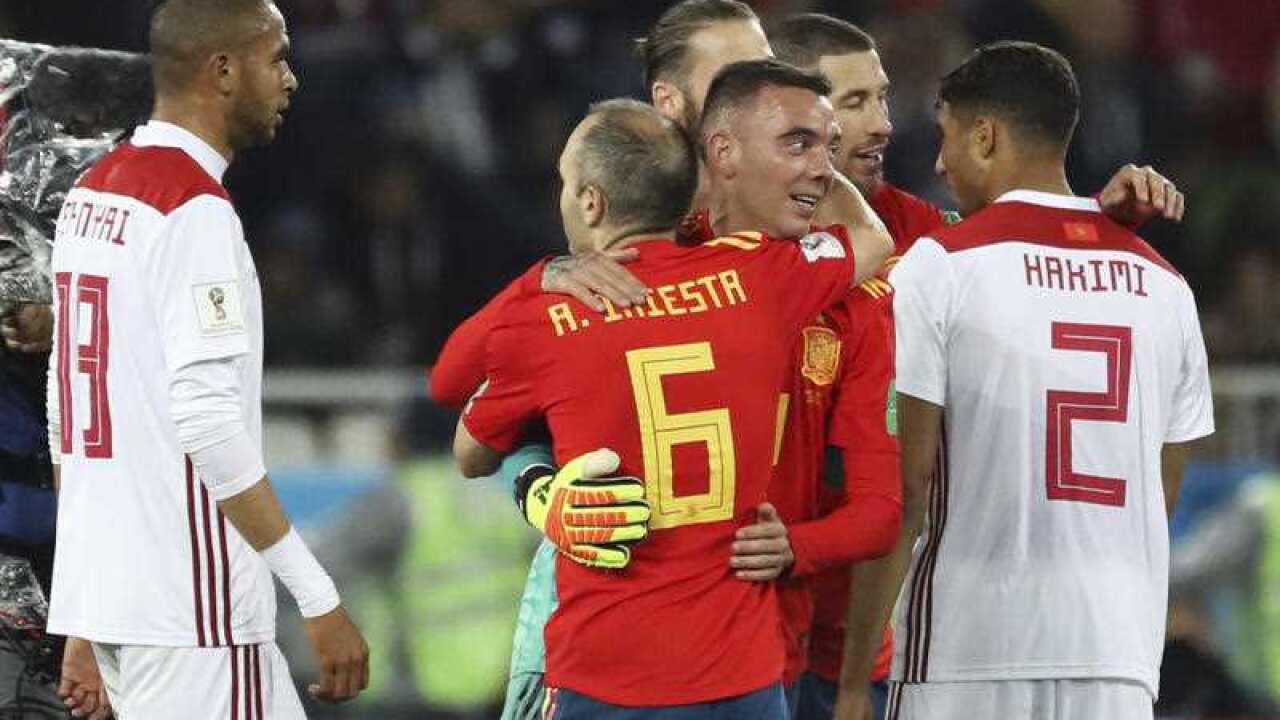 Spain's national team praises good showing after the match of the first stage group B in FIFA World Cup Russia against Morocco at Kaliningrad Stadium in Kaliningrad, Russia on June 25, 2018.