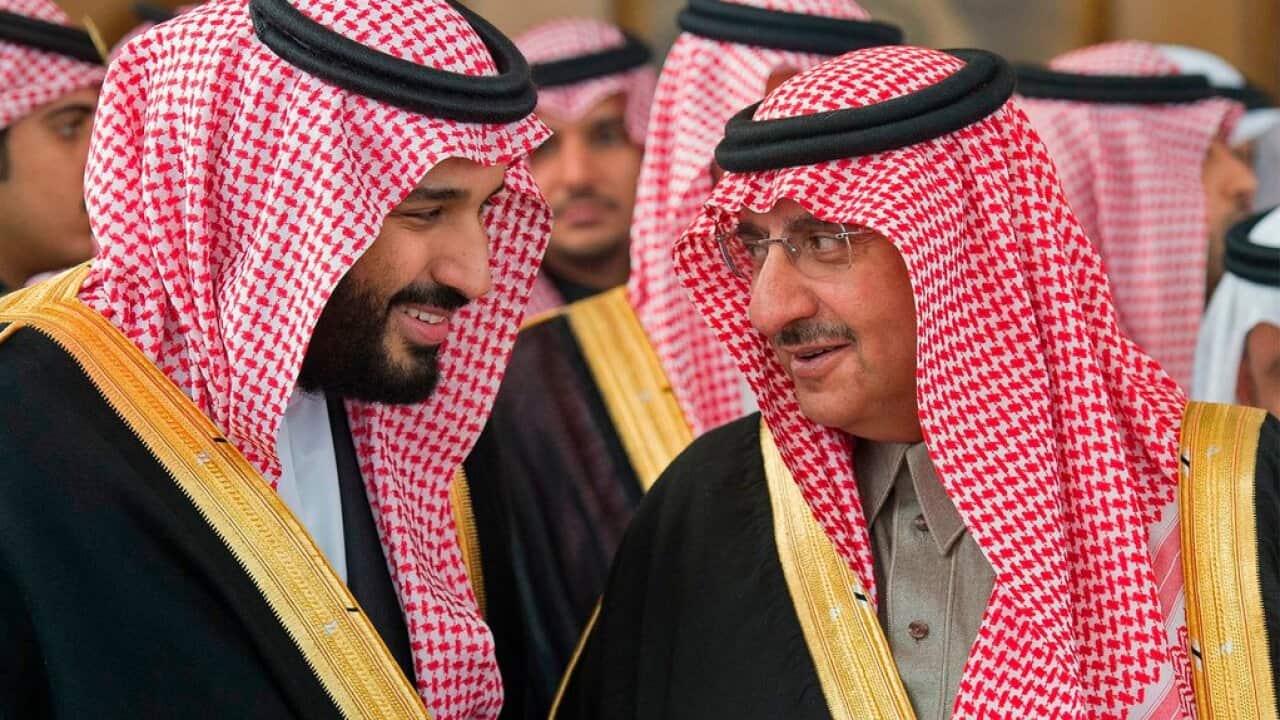 Then-deputy Crown Prince Mohammed bin Salman, left, with then-Crown Prince Mohammed bin Nayef in 2016