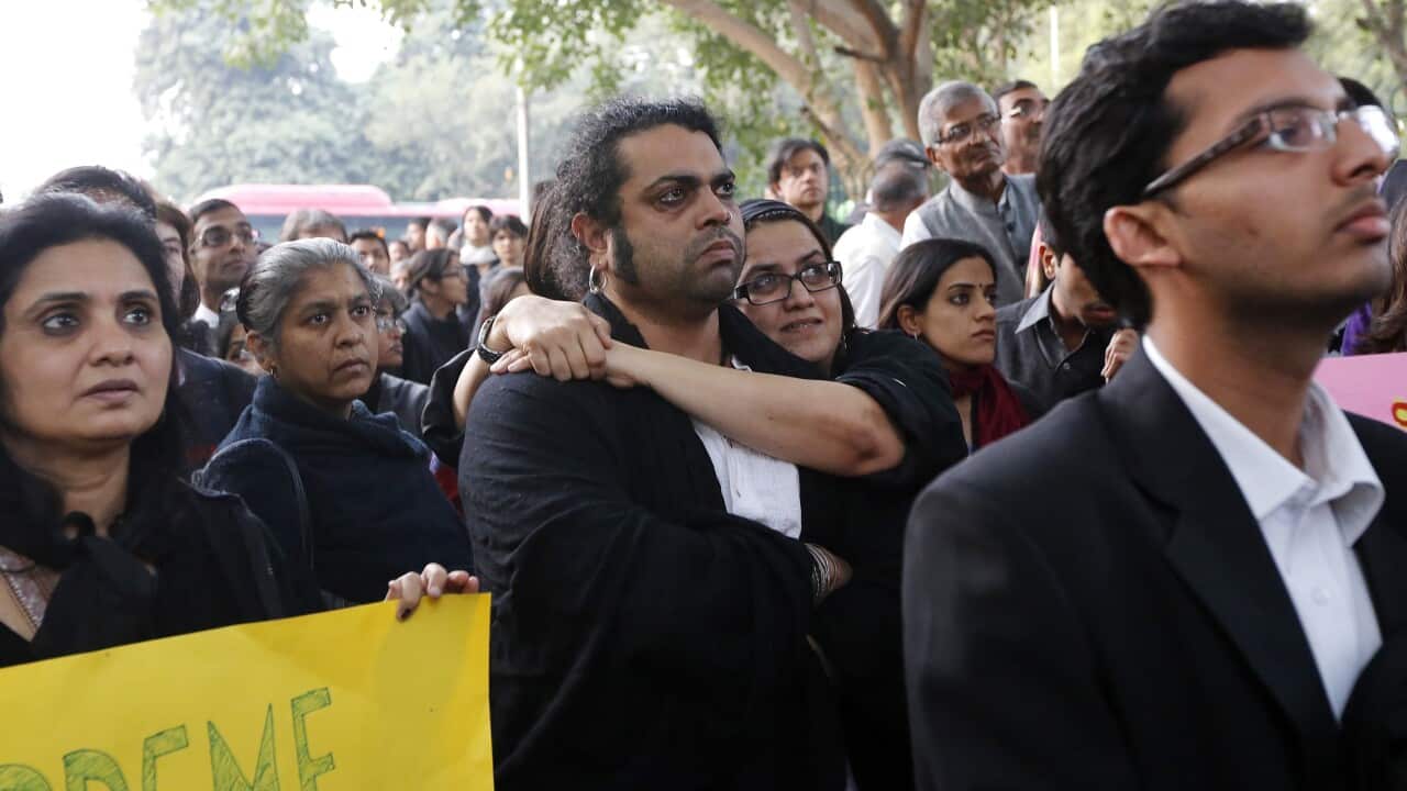epa03986581 Indian LGBT (Lesbian Gay Bisexual Transgender) rights activist attend a gathering in New Delhi, India on 11 December 2013. EPA/HARISH TYAGI