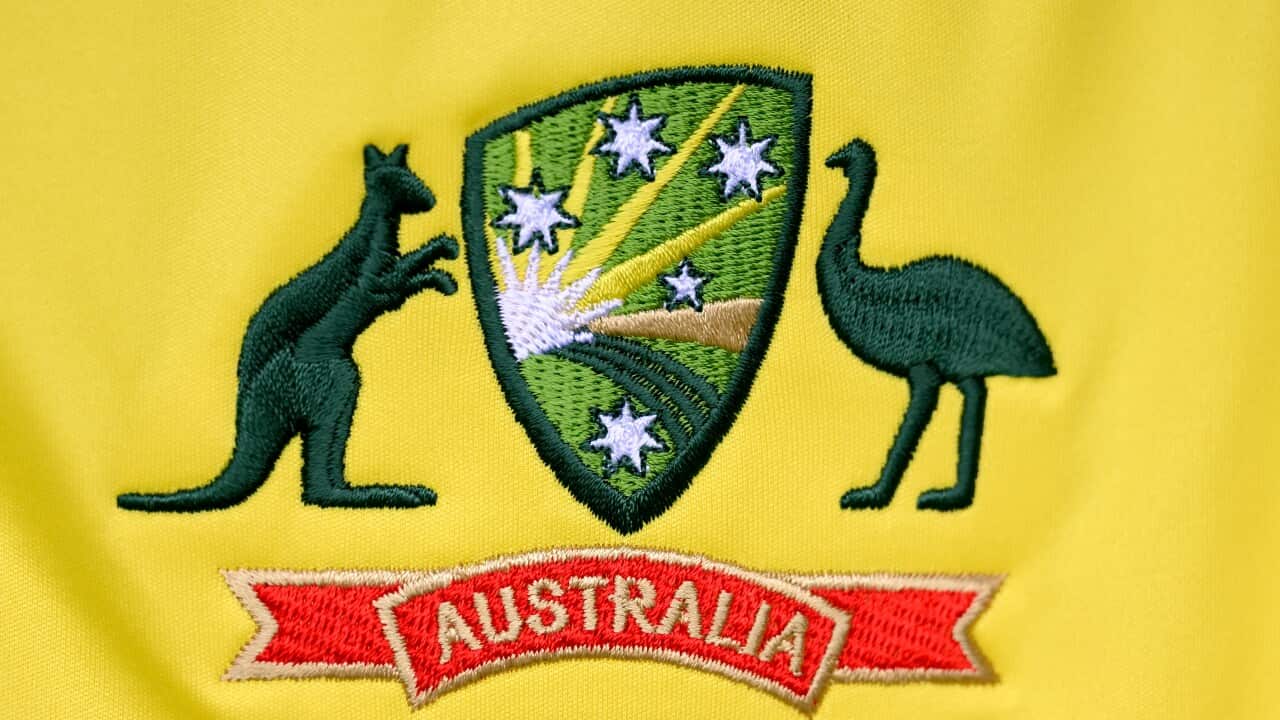 An Australian coat of arms and a banner that reads "Australia" on a yellow shirt.