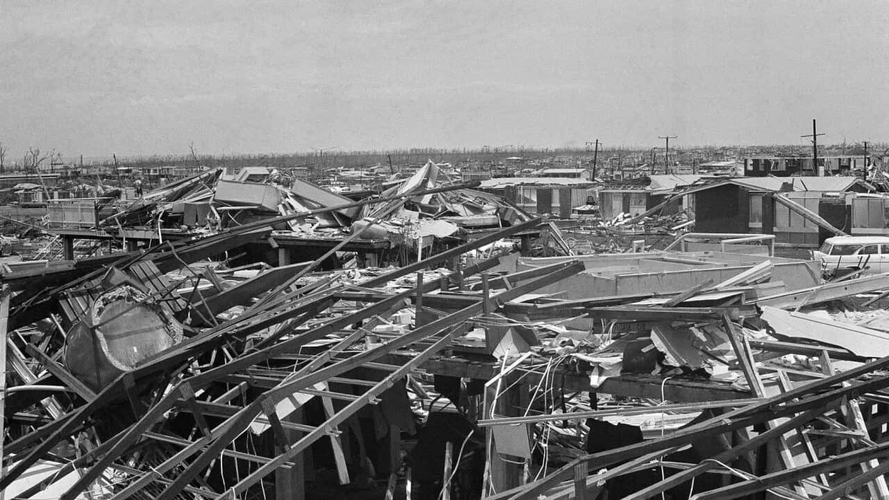 The flattened and twisted wreckage of homes after cyclone Tracy devastated Darwin on Christmas day, 1974