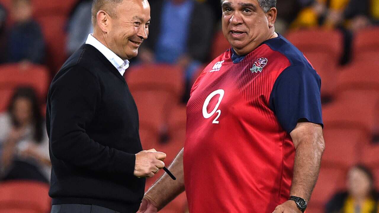England coaches Eddie Jones (L) and Glen Ella