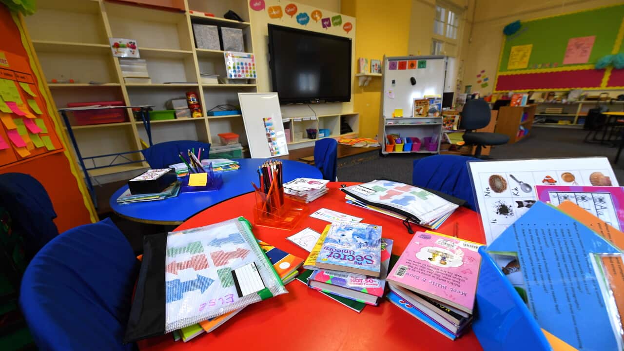Students books and resources are seen in a class room in Melbourne