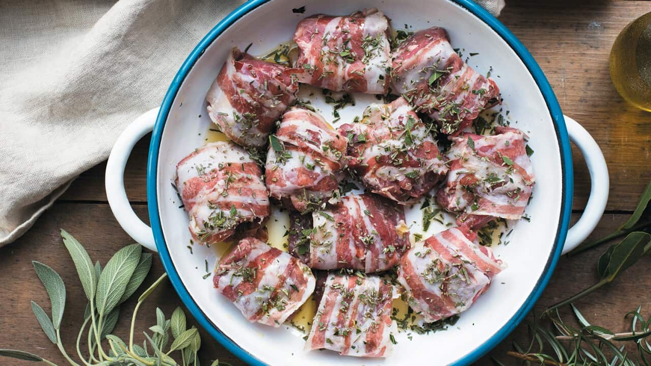 Pancetta-wrapped goat (capretto alla Marchigiana)
