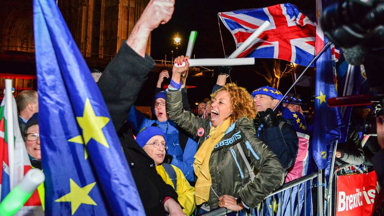 Remain supporters react opposite the Houses of Parliament in London,UK.