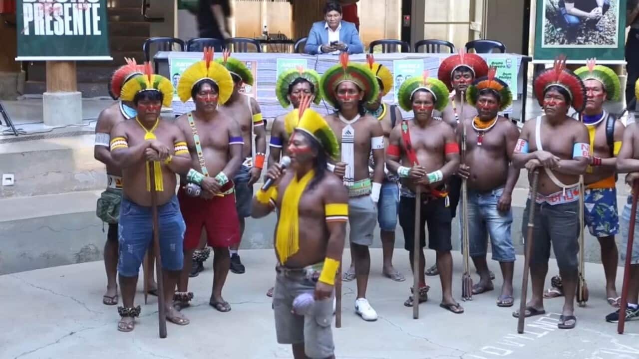 Indigenous people at the University of Brasilia event in memory of Bruno Pereira and Dom Phillip (AP).jpg