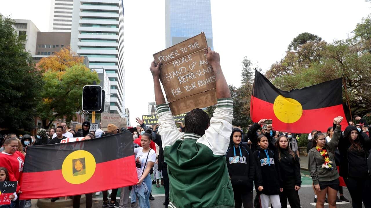 A Black Lives Matter rally in Perth, 12 June 2020. Protesters have called for an end to the over-incarceration of Indigenous Australians.