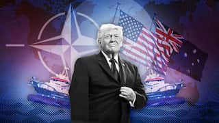 A composite image showing Trump in the foreground, with oil tankers along with the flags of NATO, Australia and the US in the background.
