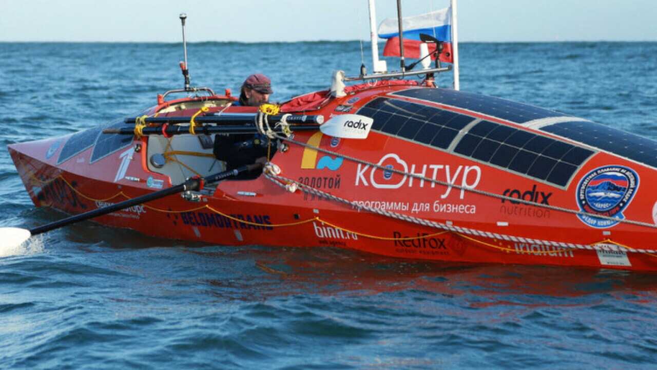 Fedor Konykhov in his rowboat “AKROS” in the Southern Ocean’s Roaring Forties.