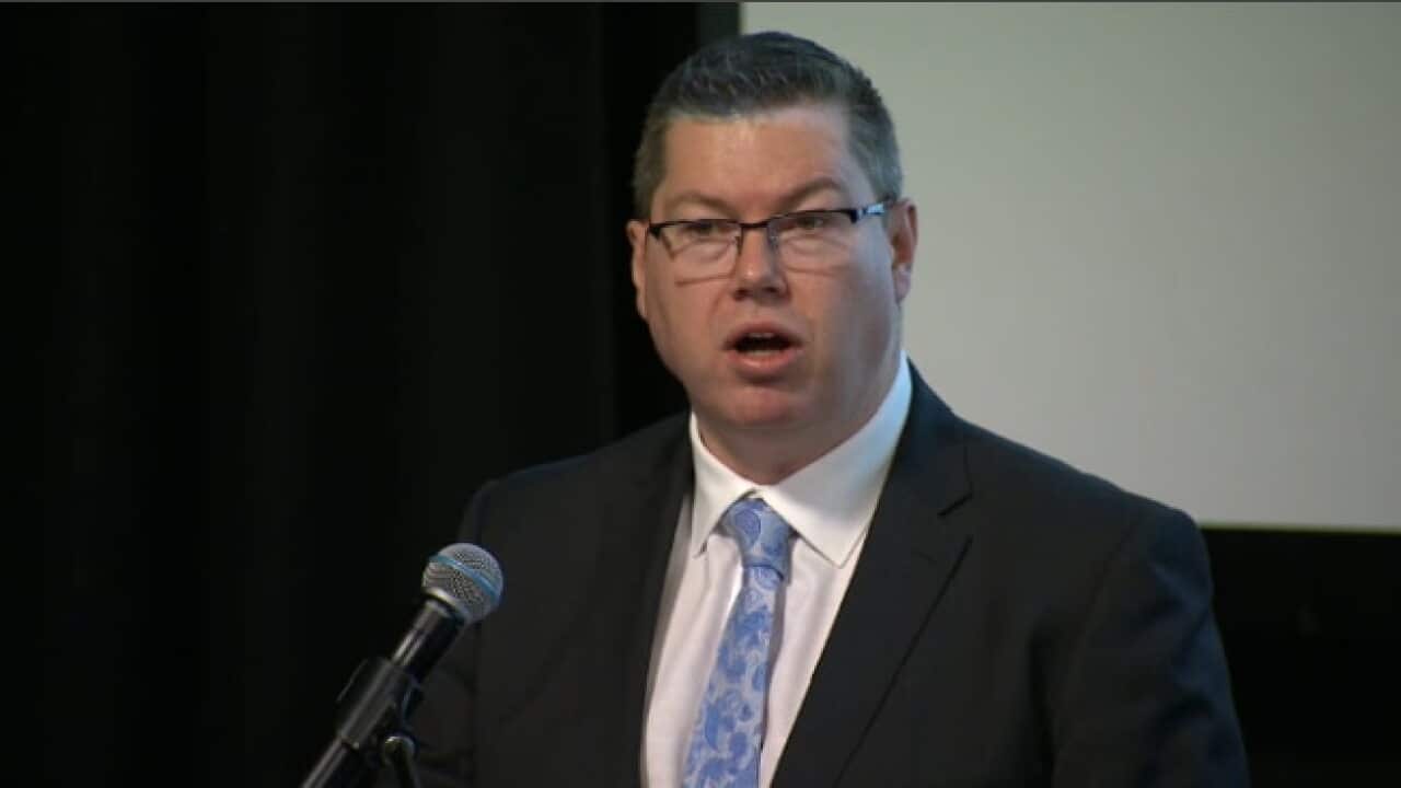Labor frontbencher Pat Conroy delivers his speech at the Australian National University.