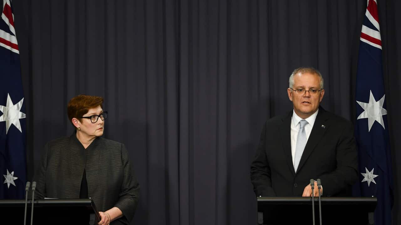 Australian Prime Minister Scott Morrison, Australian Foreign Minister Marise Payne speak to the media during a press conference at Parliament House in Canberra, Thursday, November 25, 2021. (AAP Image/Lukas Coch) NO ARCHIVING