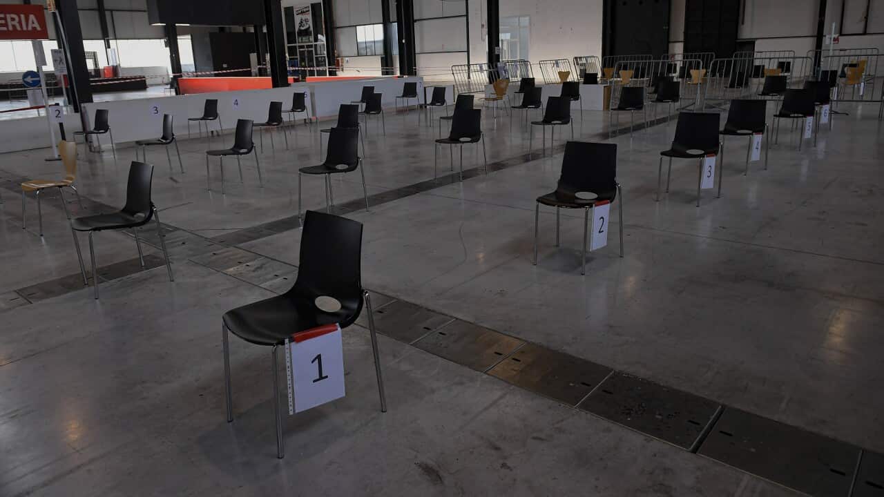 A closed vaccination centre in Pamplona, Spain where the vaccine rollout has been paused