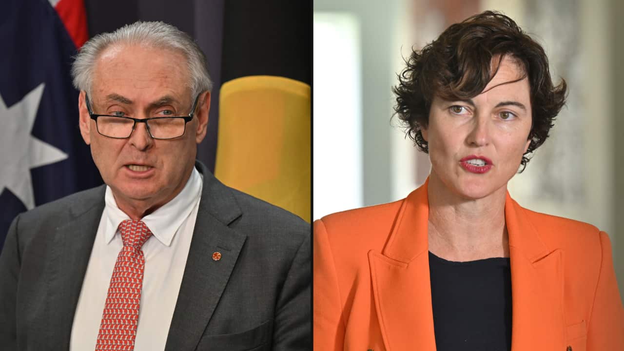 A composite image of a male politician (left) and a female politician speaking to the media (right).