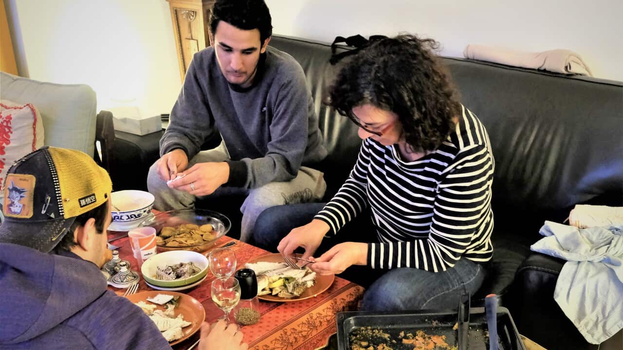 A French family having dinner during lockdown imposed to slow the spreading of the coronavirus disease (COVID-19) in Paris.