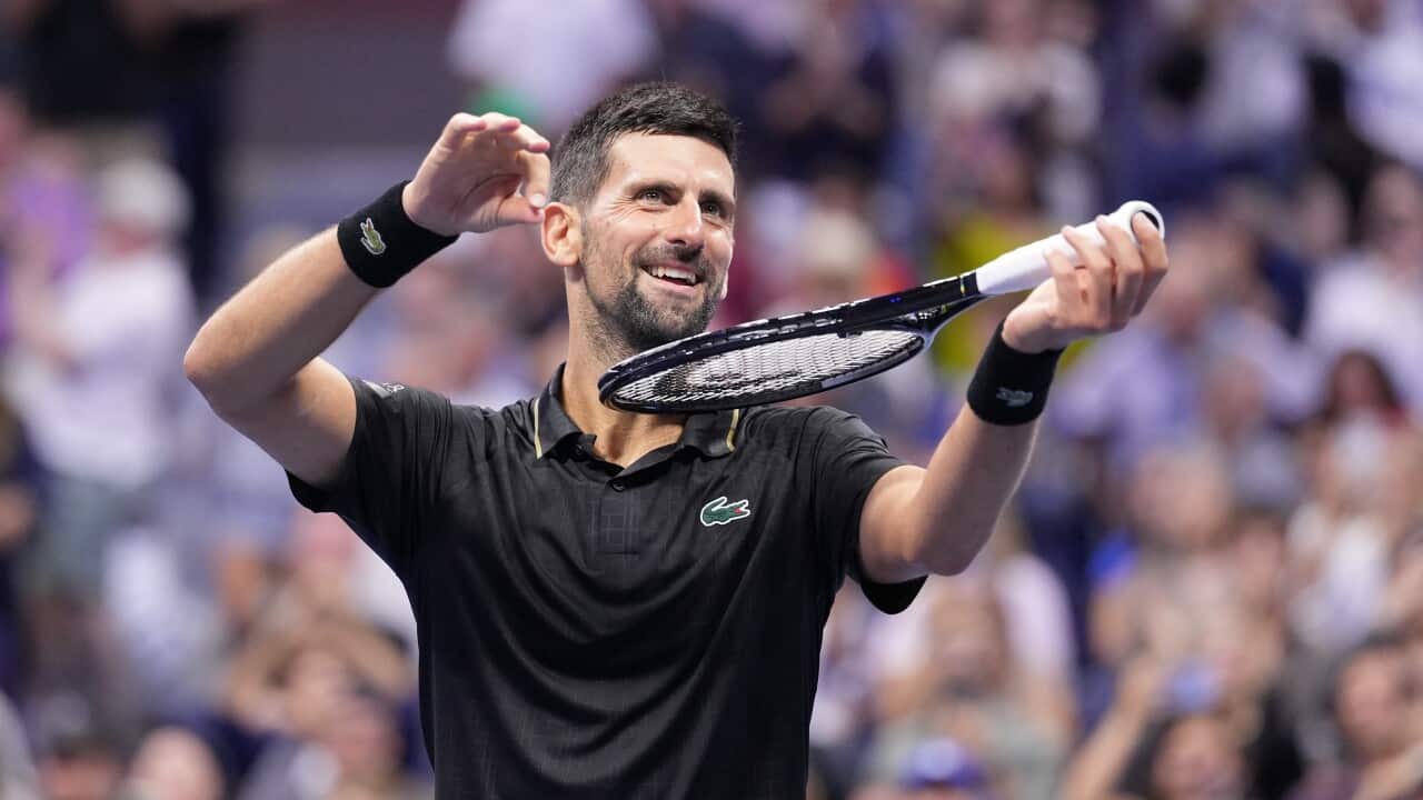 Novak Djokovic (SRB) celebrates after beating Jan-Lennard Struff (GER) on day eight of the 2025 U.S. Open tennis tournament at the USTA Billie Jean King National Tennis Center