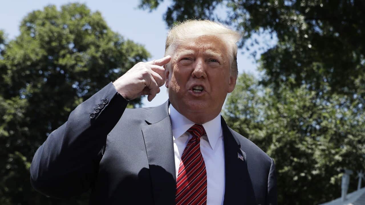 President Donald Trump speaks to reporters before departing for a trip to Iowa, on the South Lawn of White House, Tuesday, June 11, 2019, in Washington. (AP Photo/Evan Vucci)