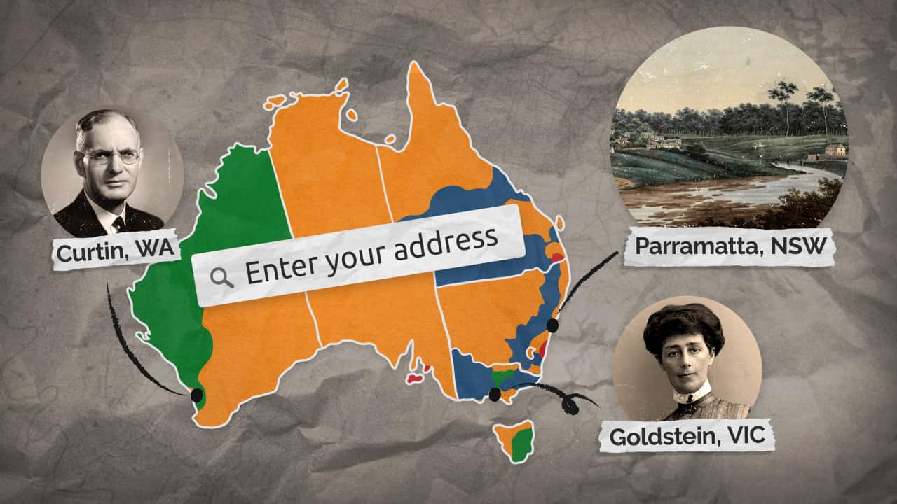 An artwork depicting a map of Australia and pictures of people or places that electorates are named after.