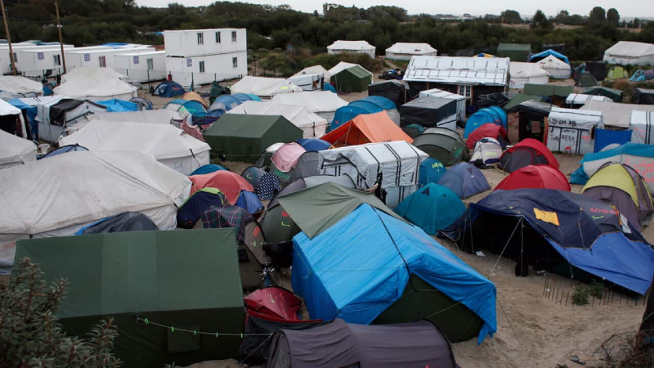 View of the makeshift camp in Calais, northern France