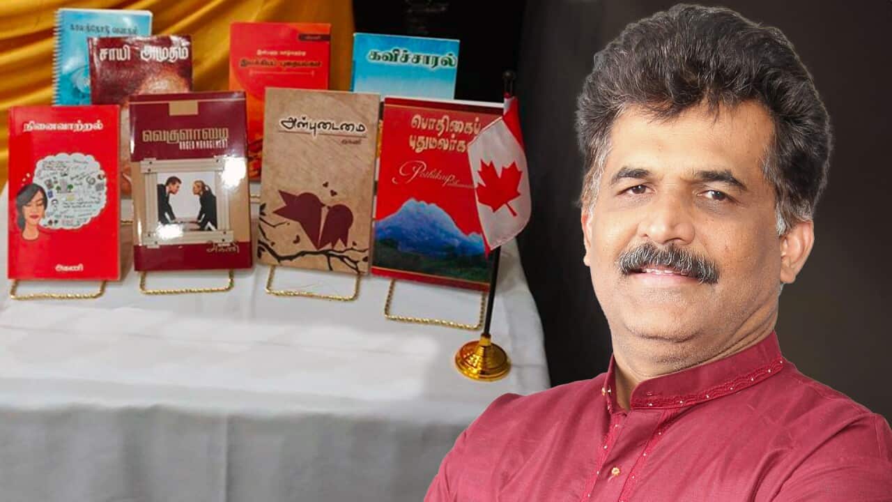 Akani Suresh with a few of his books on display