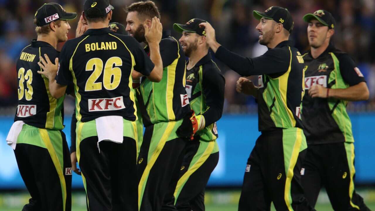Australian T20 players celebrate after claiming a wicket