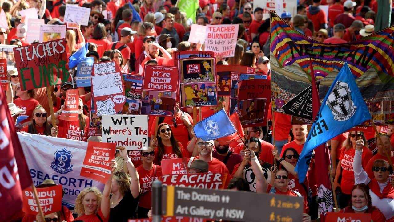 Participants are seen during a teachers strike in Sydney, Wednesday, May 4, 2022. (AAP Image/Dan Himbrechts) NO ARCHIVING