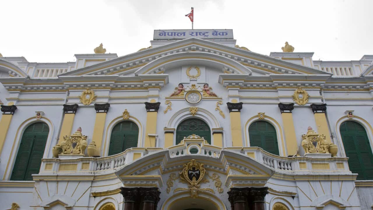 The Nepal Rastra Bank building, Nepal's central bank, stands