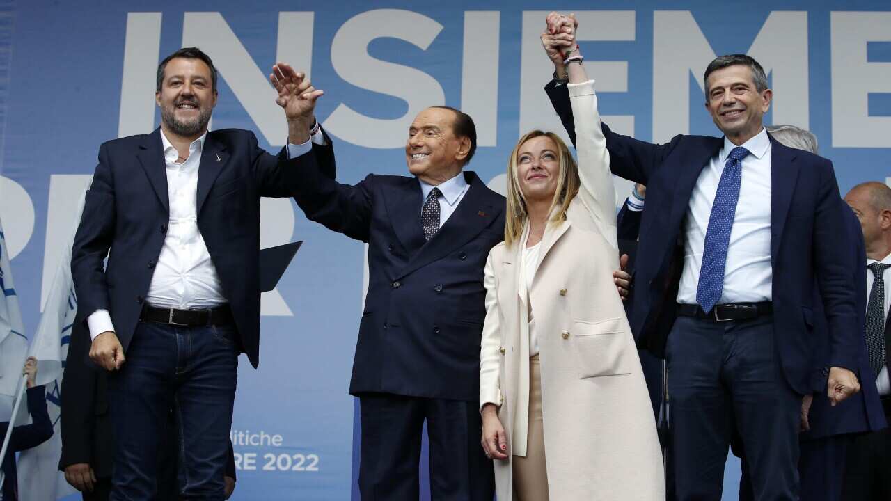 Closing of the center-right election campaign in Piazza del Popolo. In the photo Matteo Salvini, Silvio Berlusconi, Giorgia Meloni and Maurizio Lupi. Rome (Italy), September 22nd,