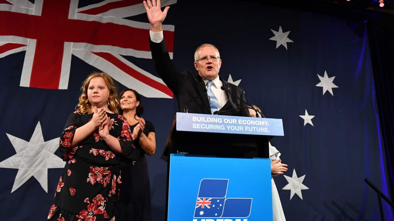 Prime Minister Scott Morrison on election night at the Wentworth Sofitel Hotel, Sydney, Saturday, May 18, 2019.