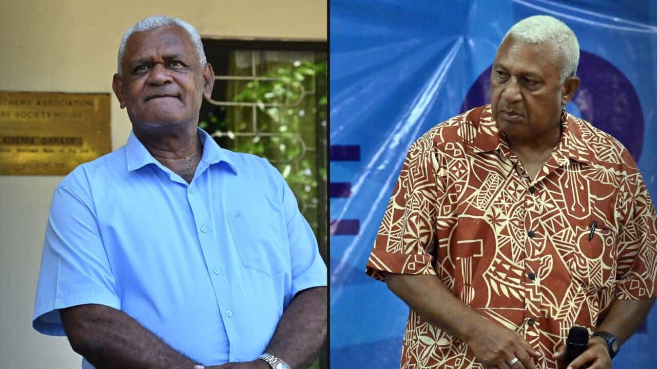 Social Democratic Liberal Party (SODELPA) General Secretary Lenitasi Duru (left) and Fiji’s Prime Minister and FijiFirst leader Frank Bainimarama (right).