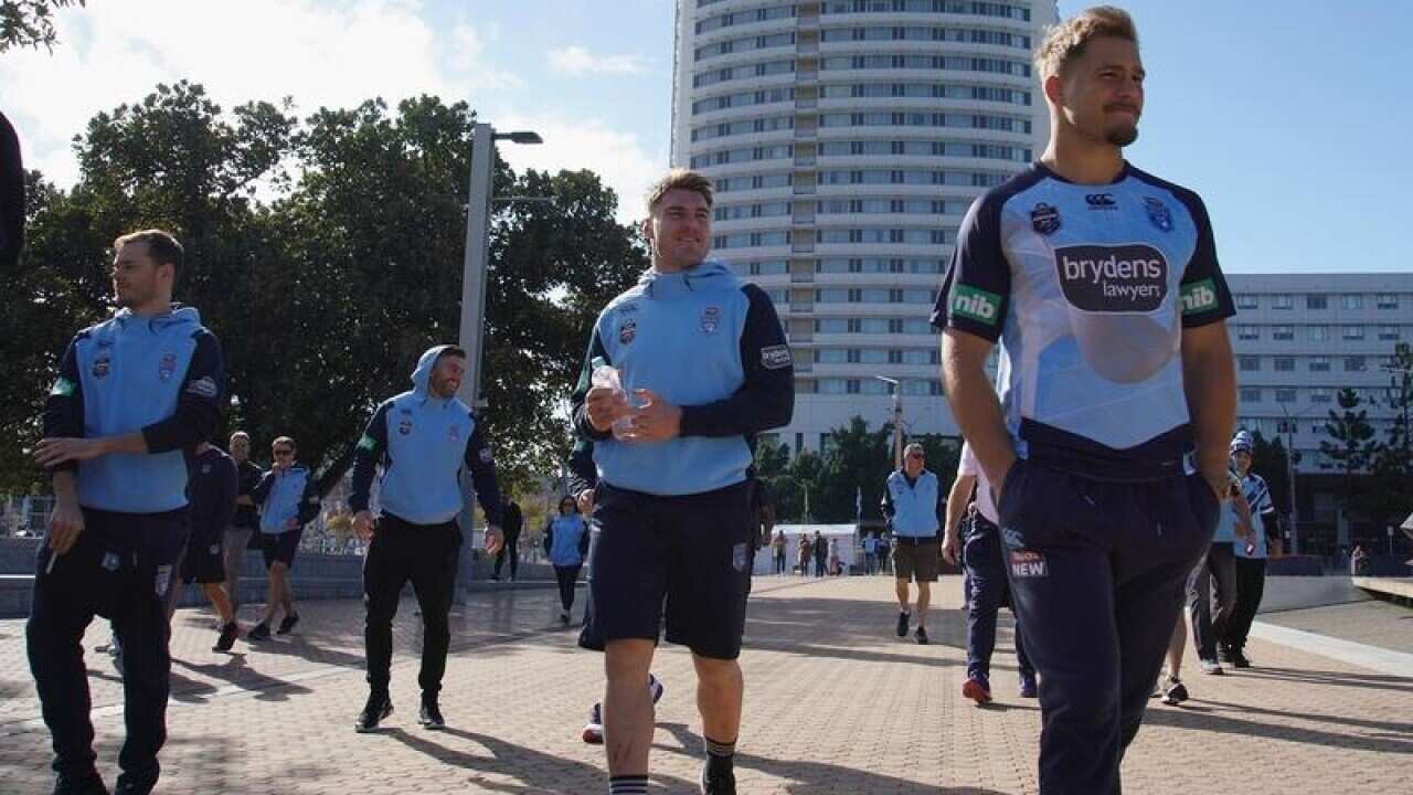 Angus Critchton and Jack De Belin of the NSW Blues during a team walk.