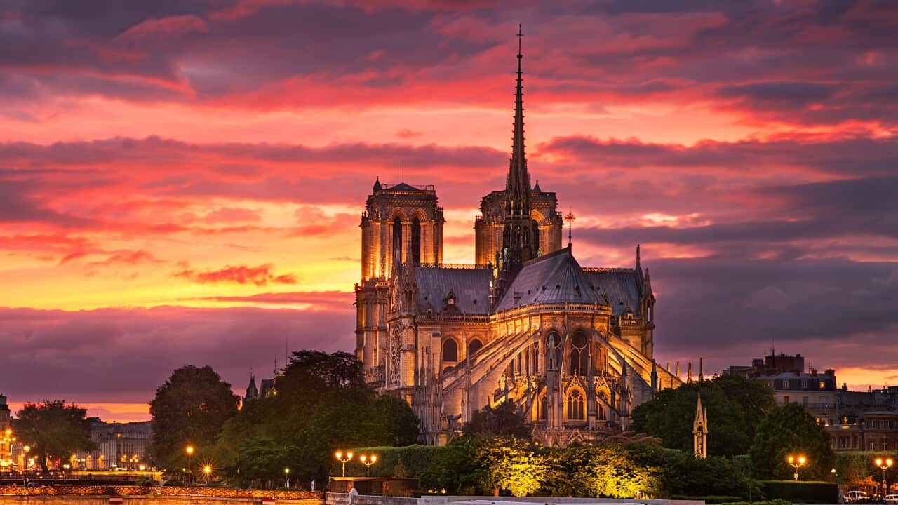 Notre Dame Cathedral at sunset, Paris, France