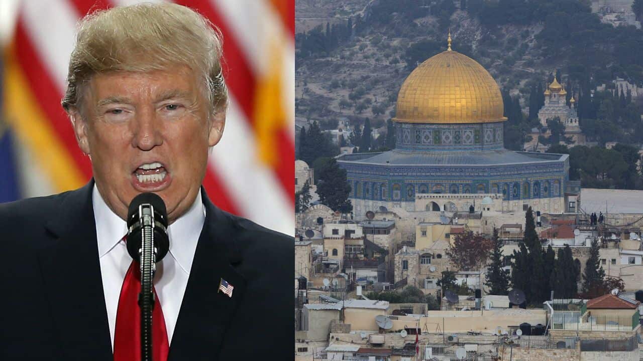 US president Donald Trump, and a view of Jerusalem's old city.