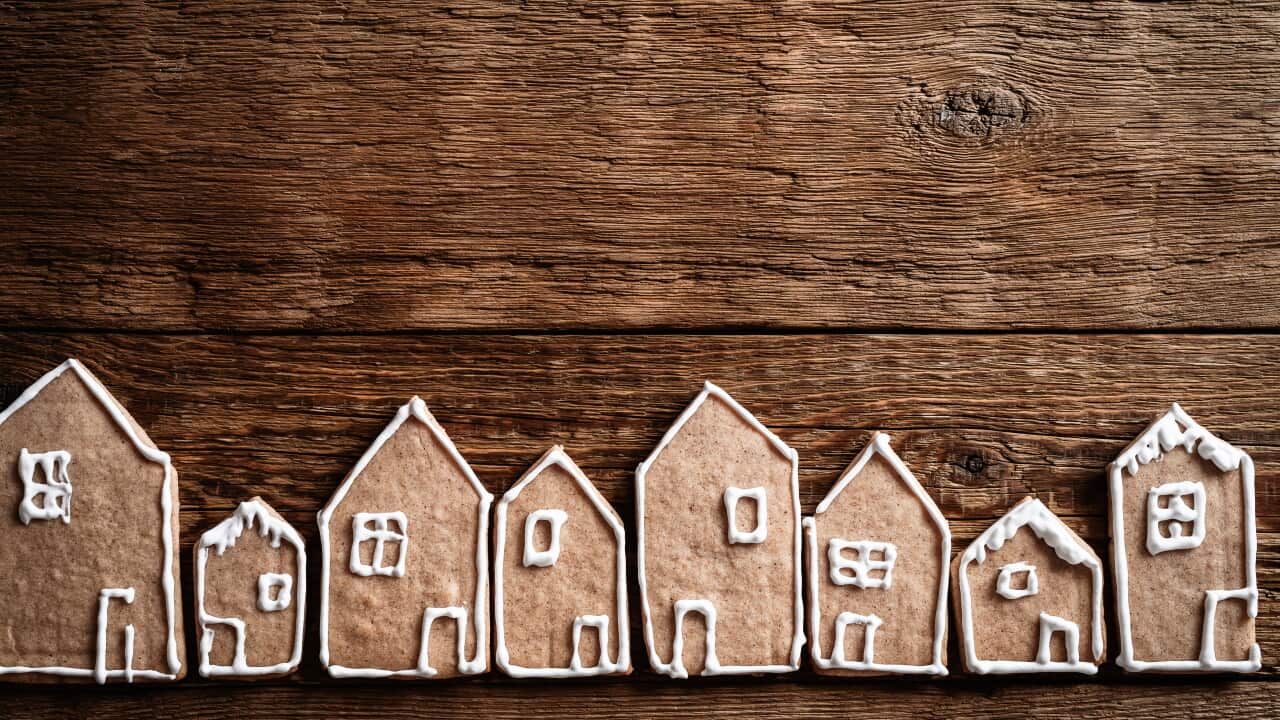 A variety of cookies shaped as houses.