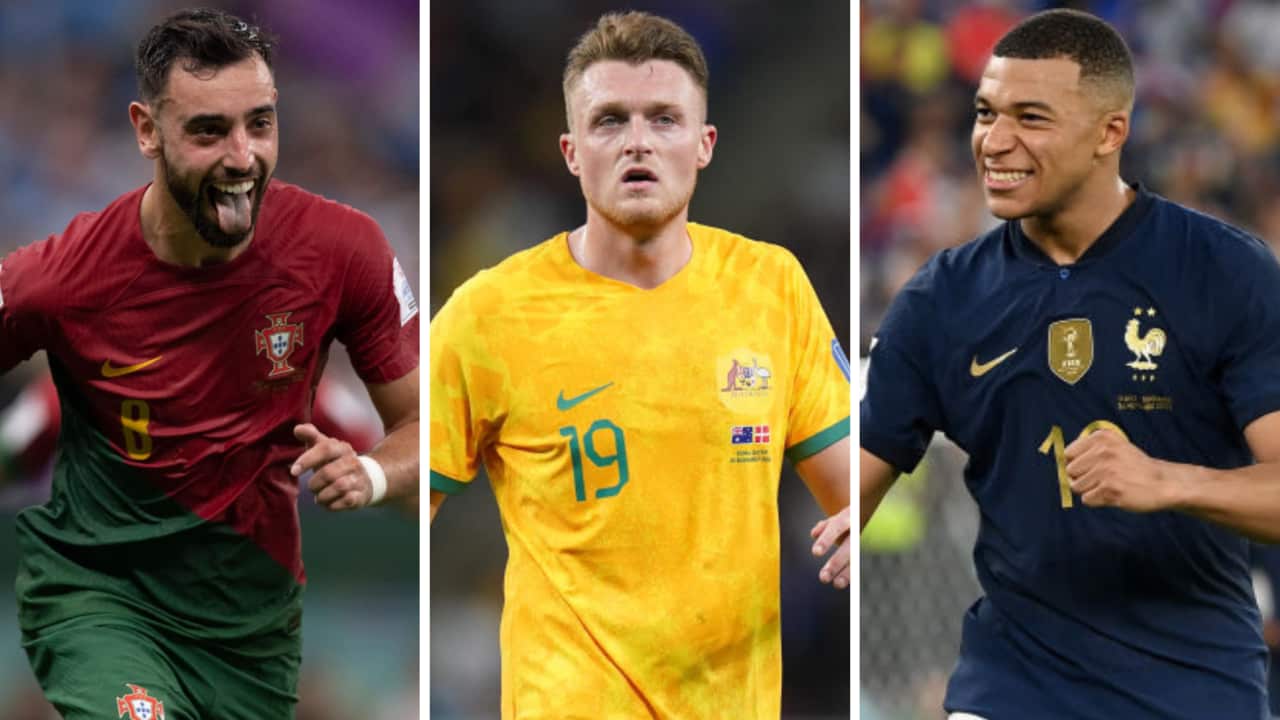 Bruno Fernandes of Portugal, Harry Souttar of Australia and France's Kylian Mbappe