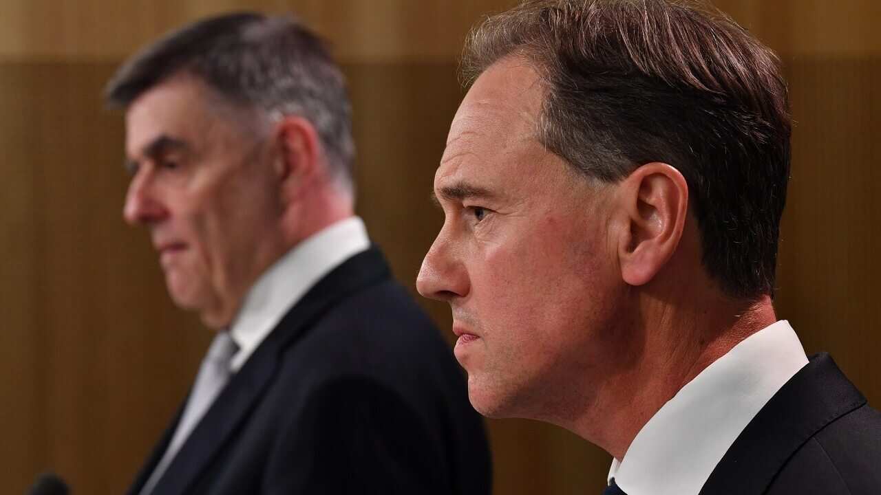 Greg Hunt and Brendan Murphy speak to the press earlier this week.