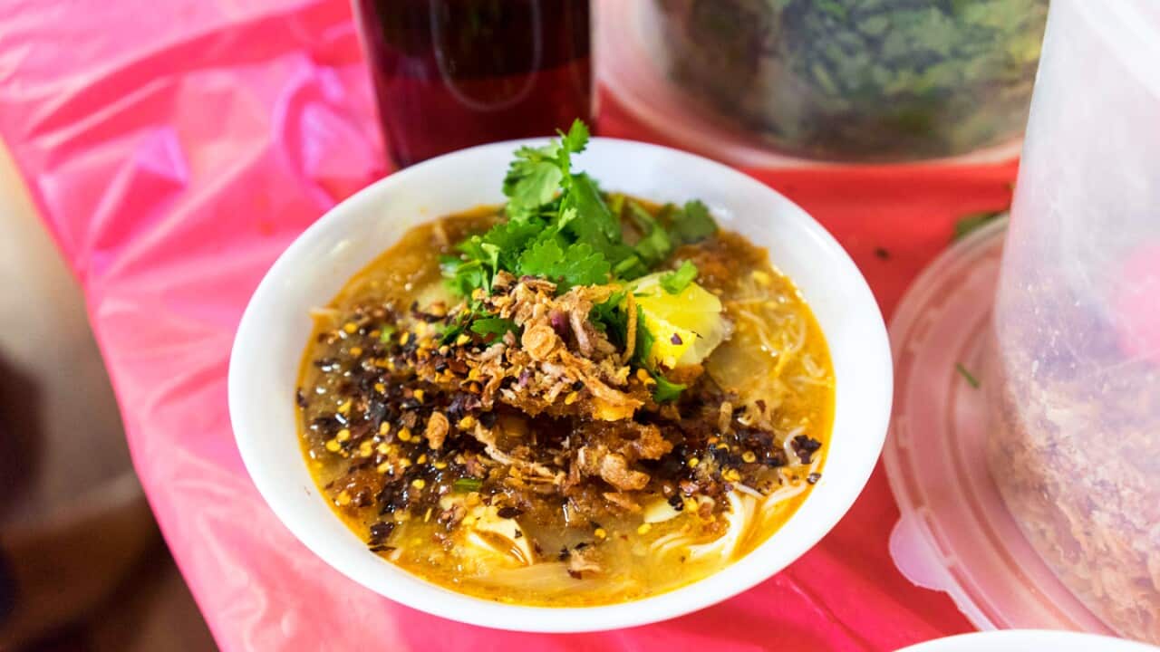 People head here for mohinga, a fish-based noodle soup.