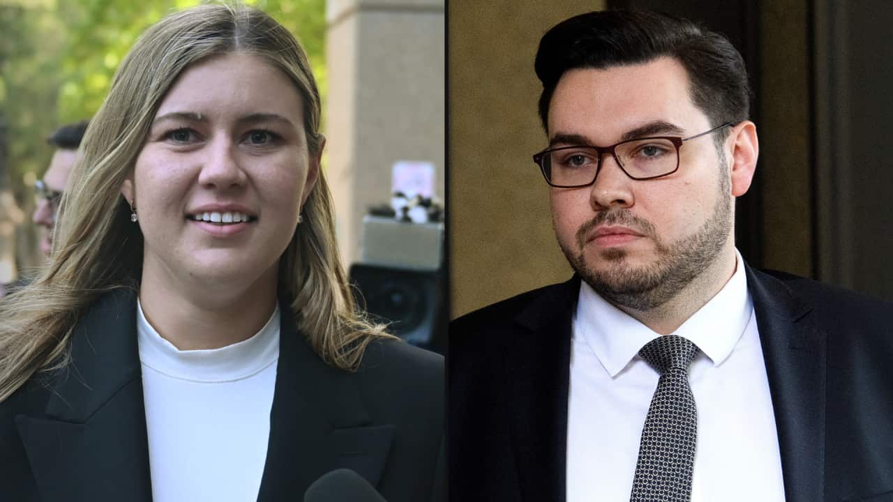 A split image. On the left is a woman wearing formal attire. On the right is a man wearing formal attire.