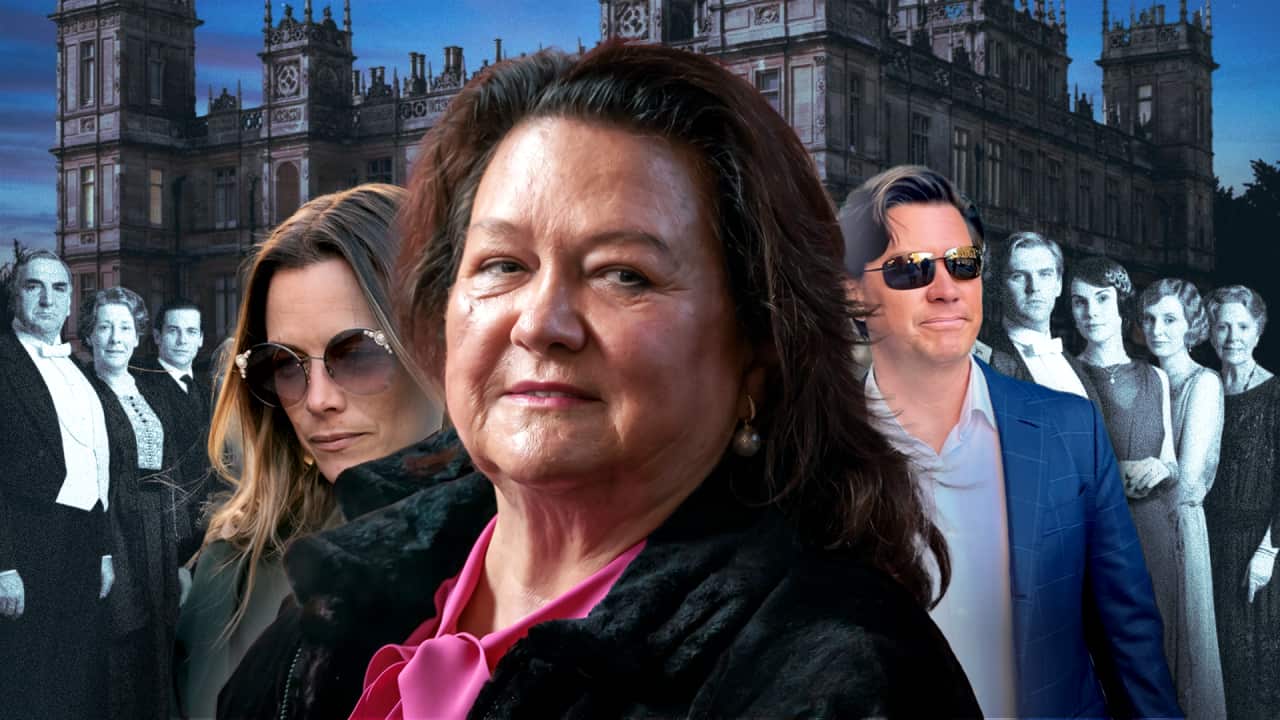 An image of Gina Rinehart flanked by two of her children and members of the TV show Downton Abbey