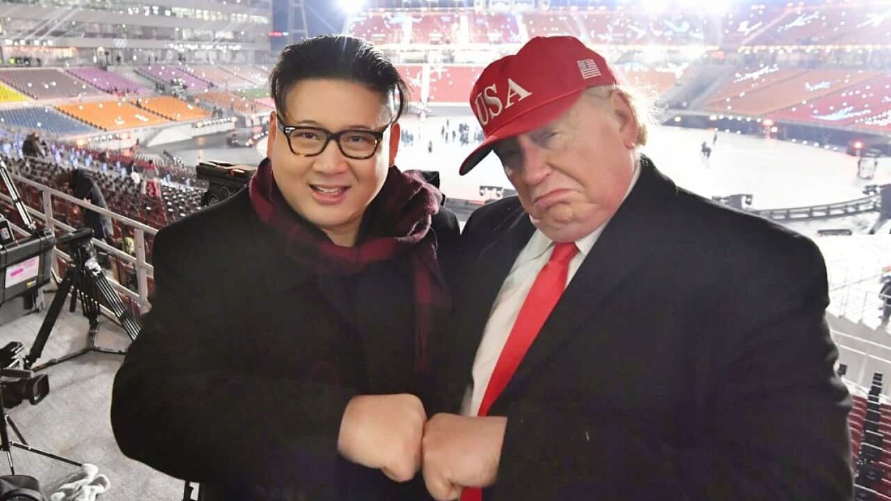 Men impersonating President Donald Trump and the North Korean leader Kim Jong-un at the opening ceremony of the Pyeongchang Winter Olympics.